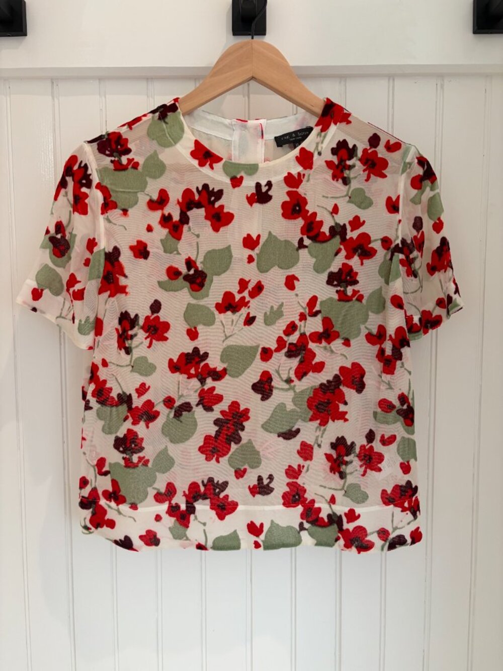 rag & bone Sheer Floral Silk Blend Boxy Blouse Red Ivory Green XS